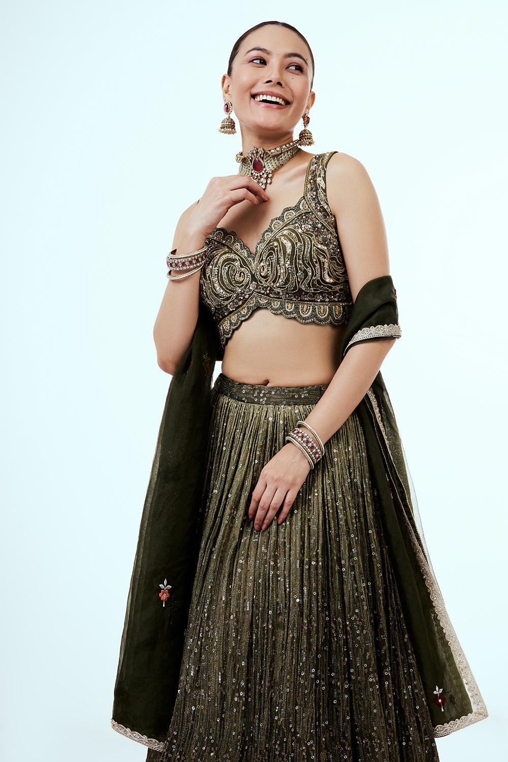 Mehendi Green Tissue Lehenga with Zardosi Embroidery