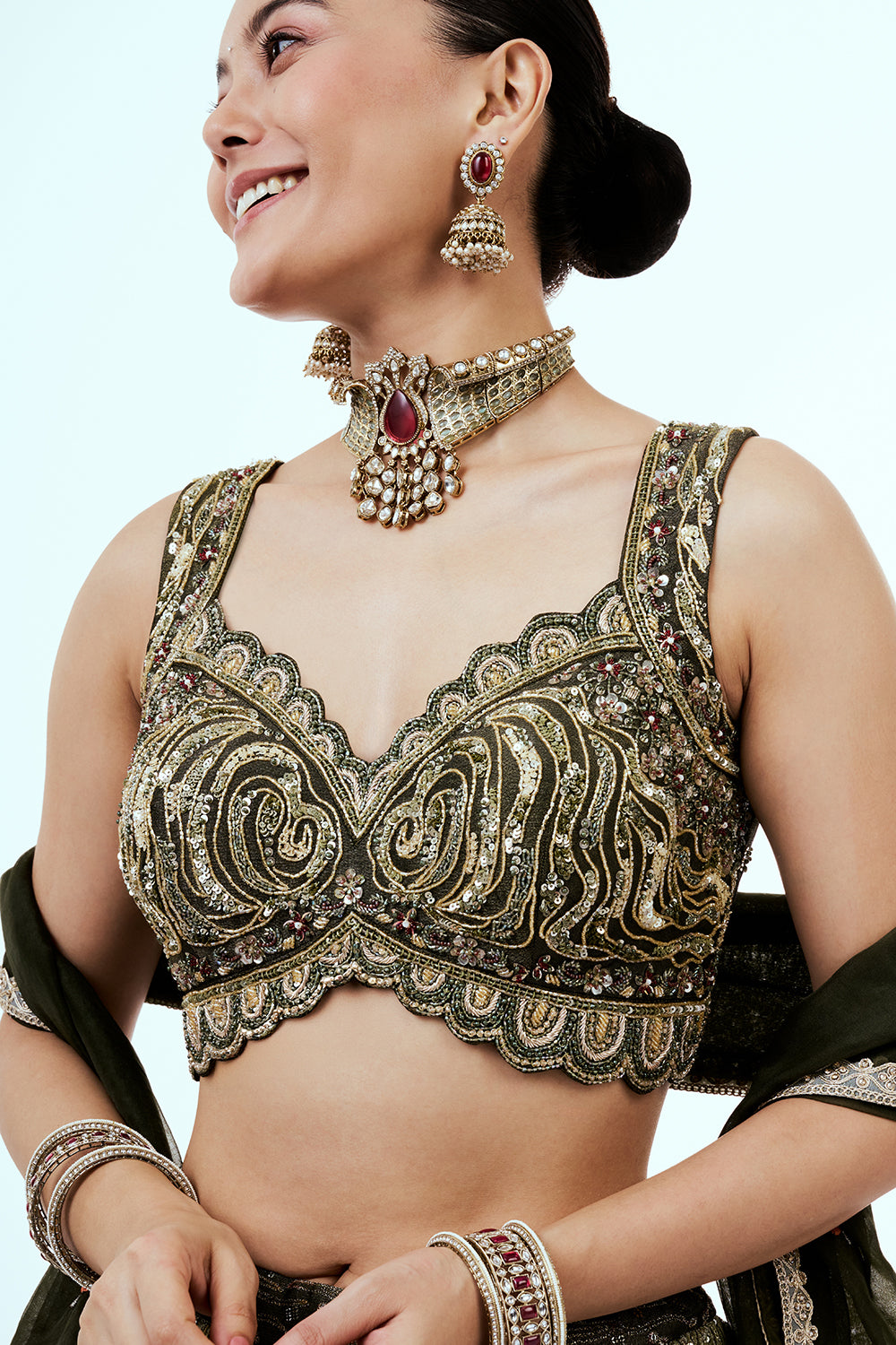 Mehendi Green Tissue Lehenga with Zardosi Embroidery