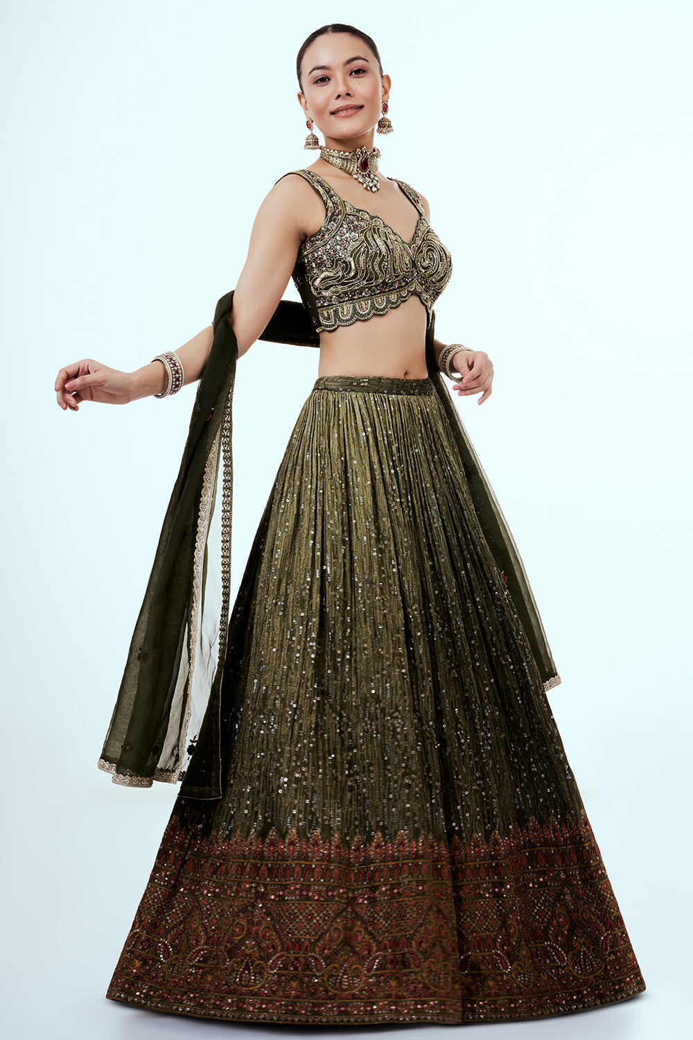 Mehendi Green Tissue Lehenga with Zardosi Embroidery