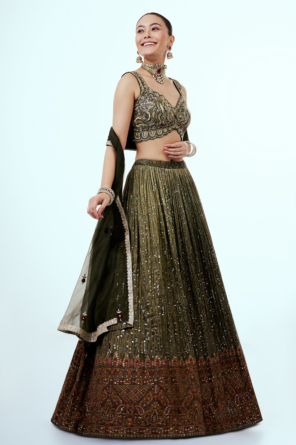 Mehendi Green Tissue Lehenga with Zardosi Embroidery