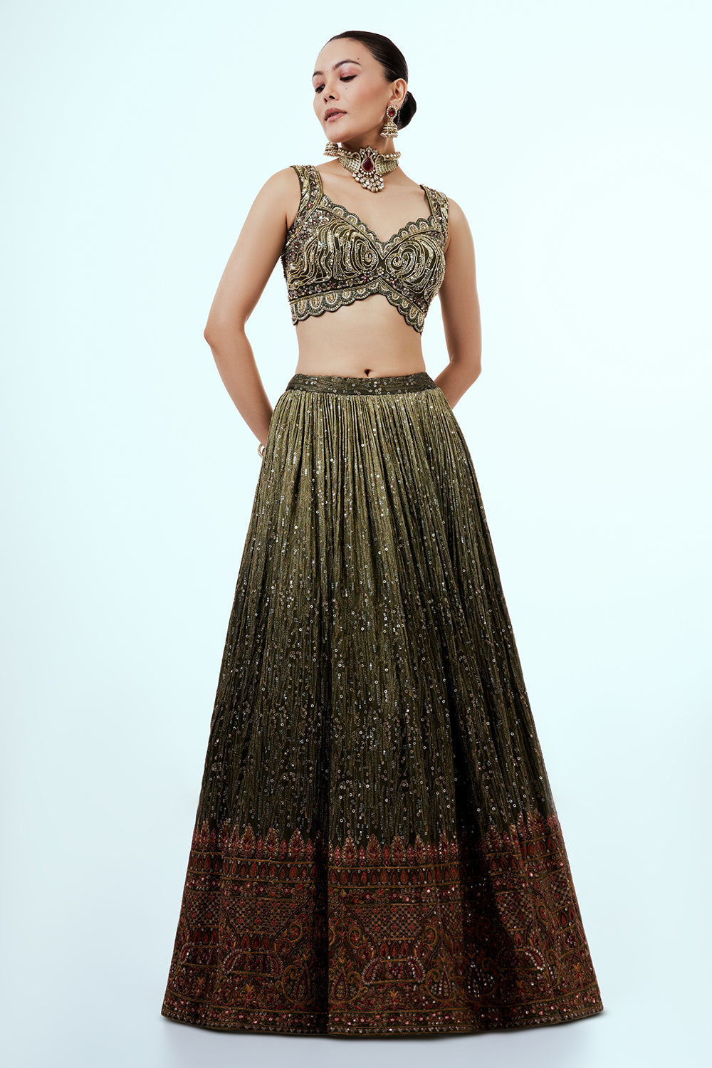 Mehendi Green Tissue Lehenga with Zardosi Embroidery