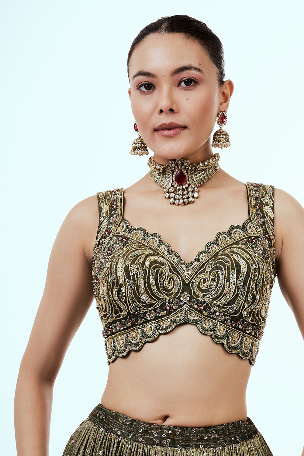 Mehendi Green Tissue Lehenga with Zardosi Embroidery