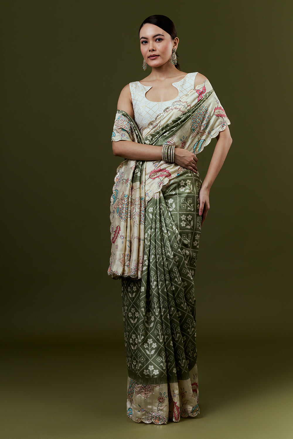 Mehendi Green Tussar Silk Saree with Mirror Work