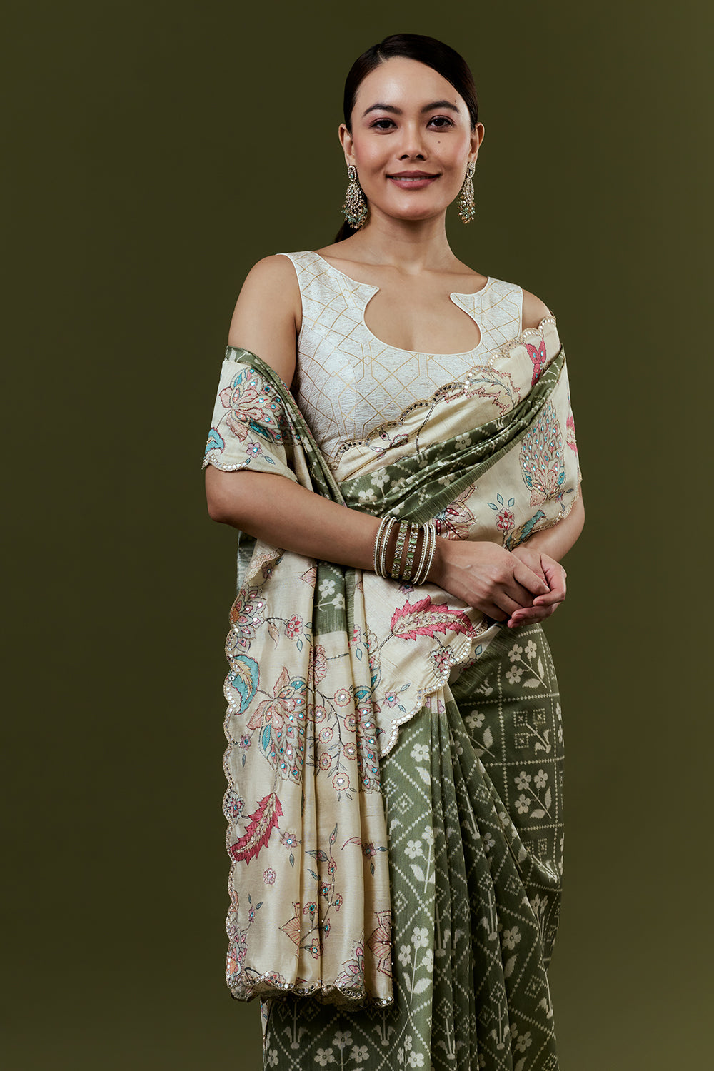 Mehendi Green Tussar Silk Saree with Mirror Work