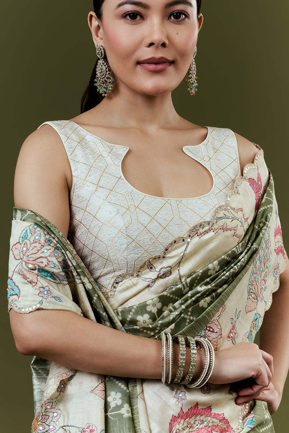 Mehendi Green Tussar Silk Saree with Mirror Work