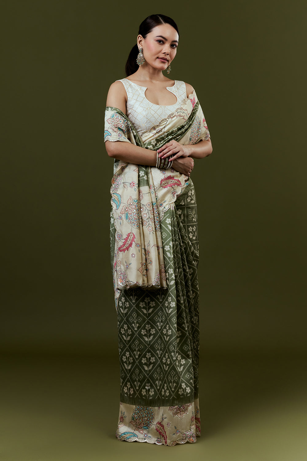 Mehendi Green Tussar Silk Saree with Mirror Work