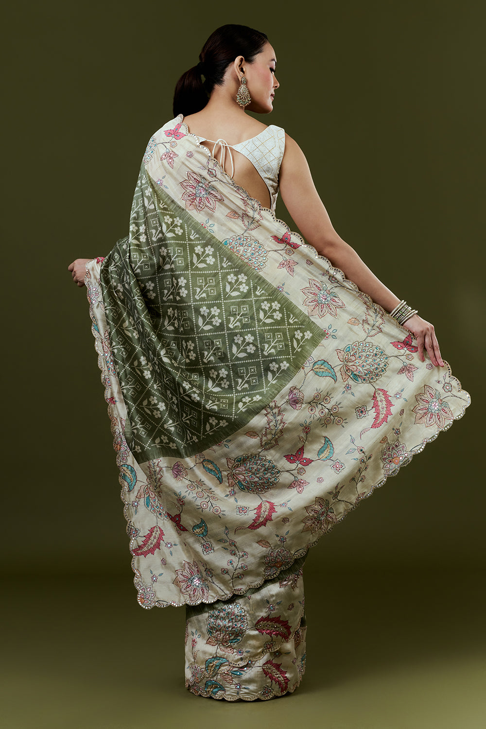 Mehendi Green Tussar Silk Saree with Mirror Work