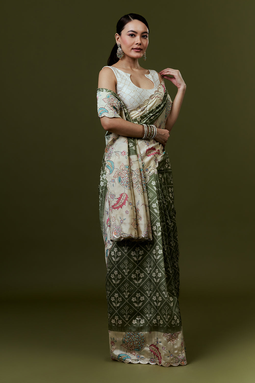 Mehendi Green Tussar Silk Saree with Mirror Work