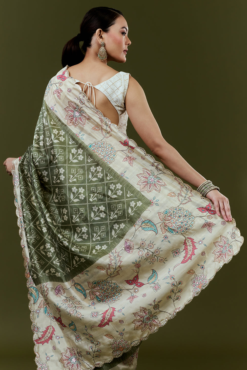 Mehendi Green Tussar Silk Saree with Mirror Work