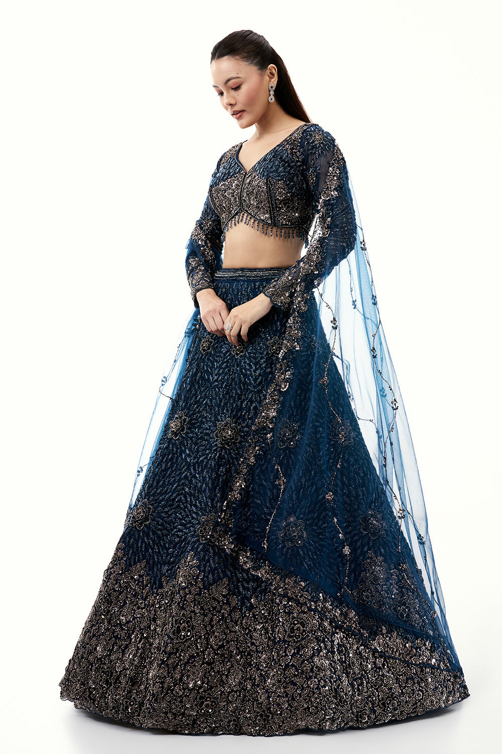 Midnight Blue Lehenga with Sequins and Bead Work