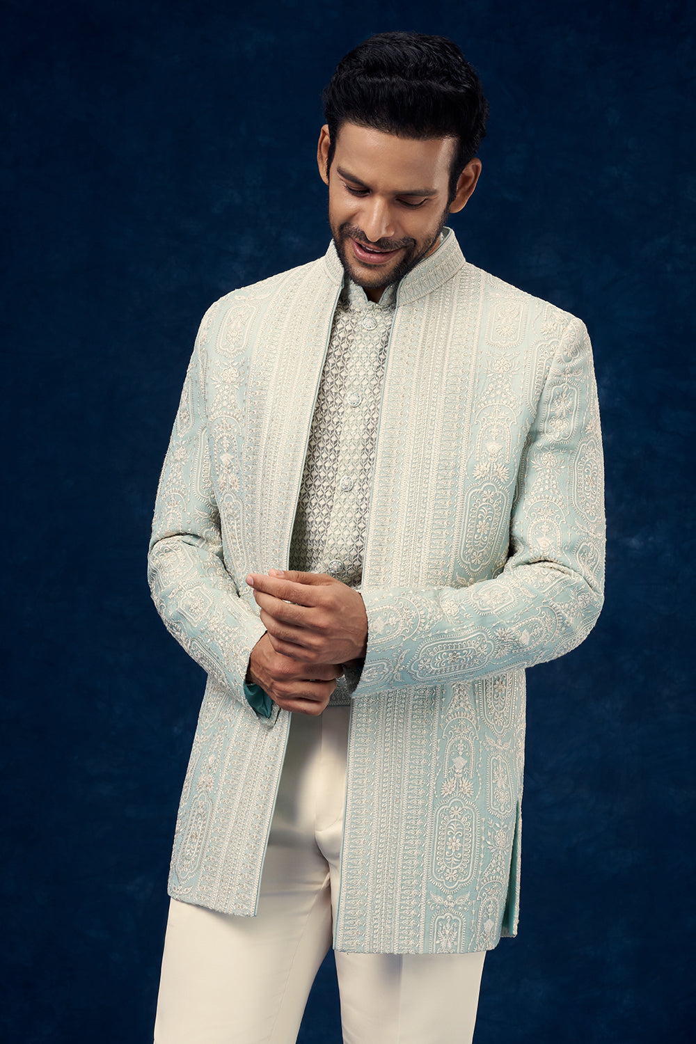 Mint Green Art Silk Mens Indo Western Set with Chikankari Work