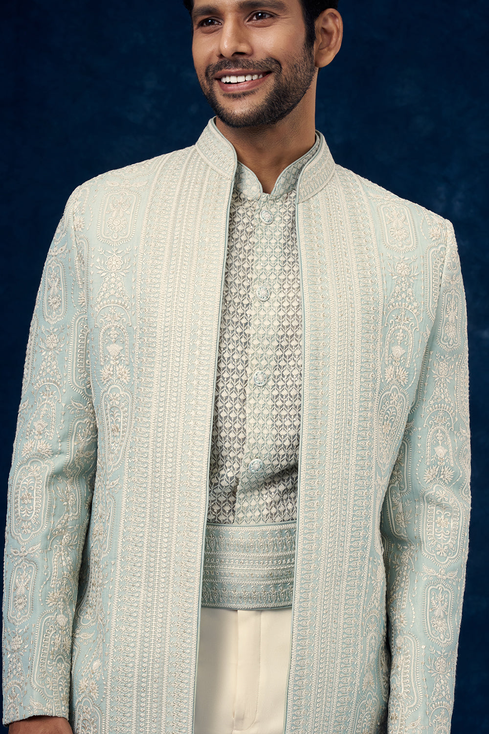 Mint Green Art Silk Mens Indo Western Set with Chikankari Work