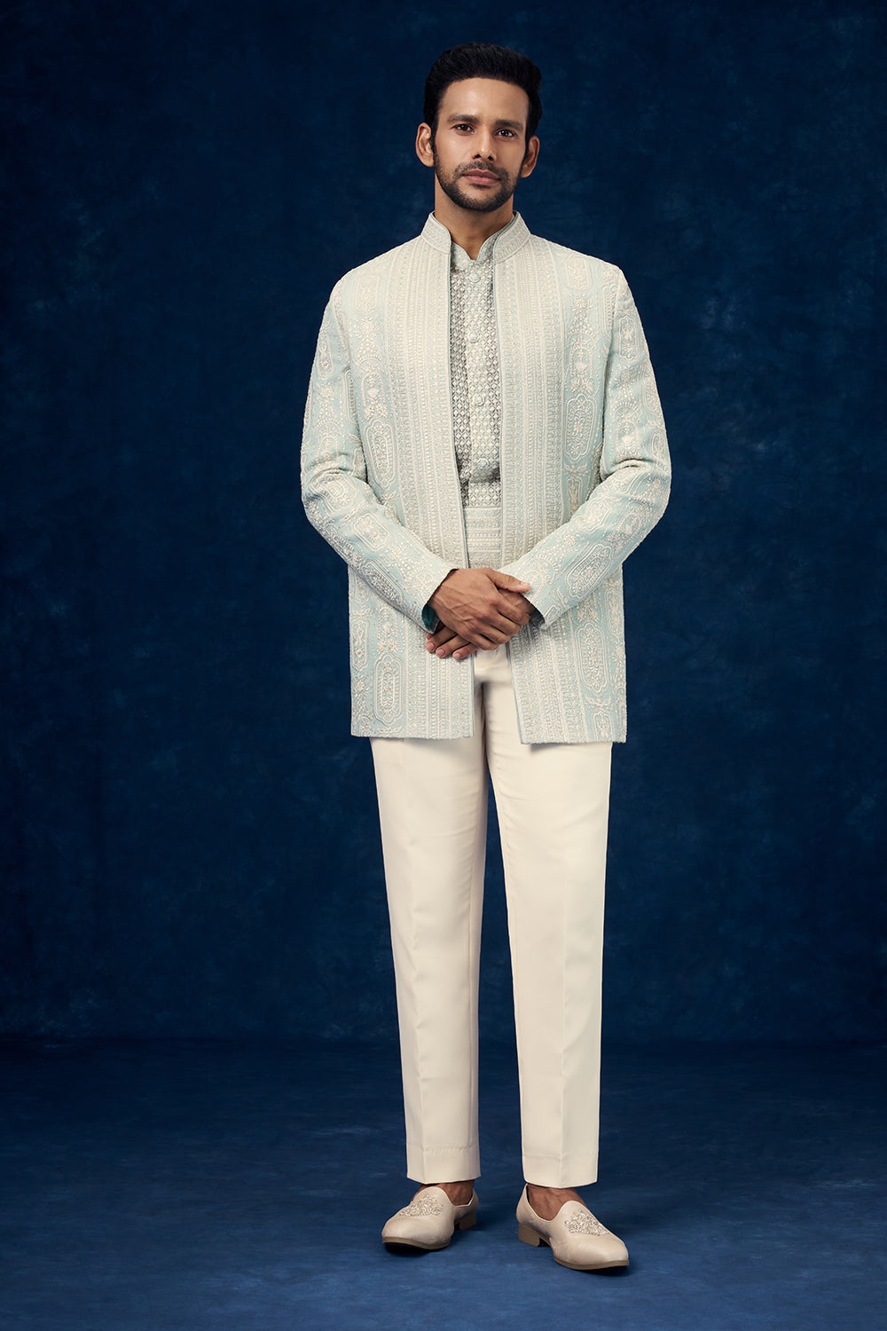 Mint Green Art Silk Mens Indo Western Set with Chikankari Work