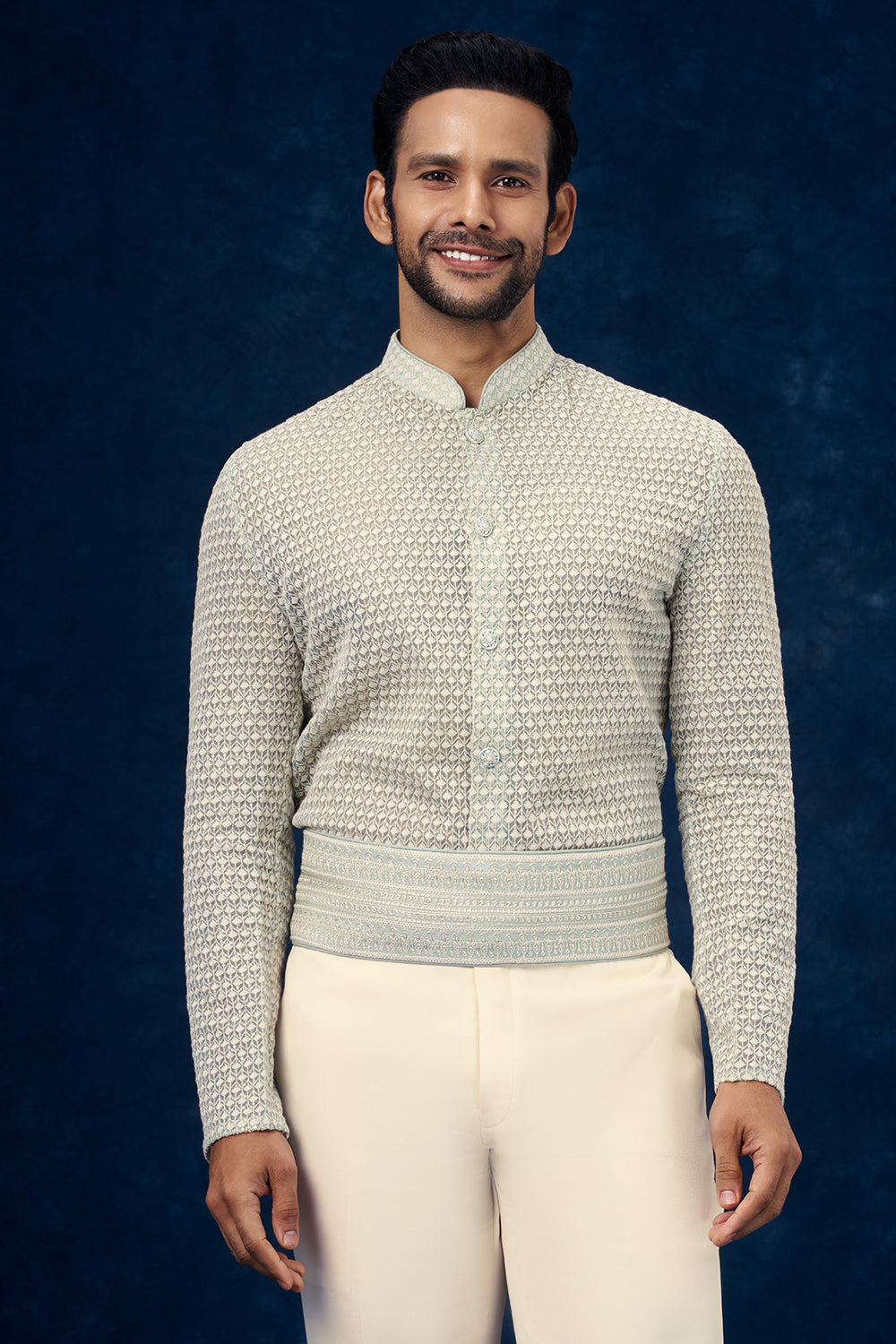 Mint Green Art Silk Mens Indo Western Set with Chikankari Work