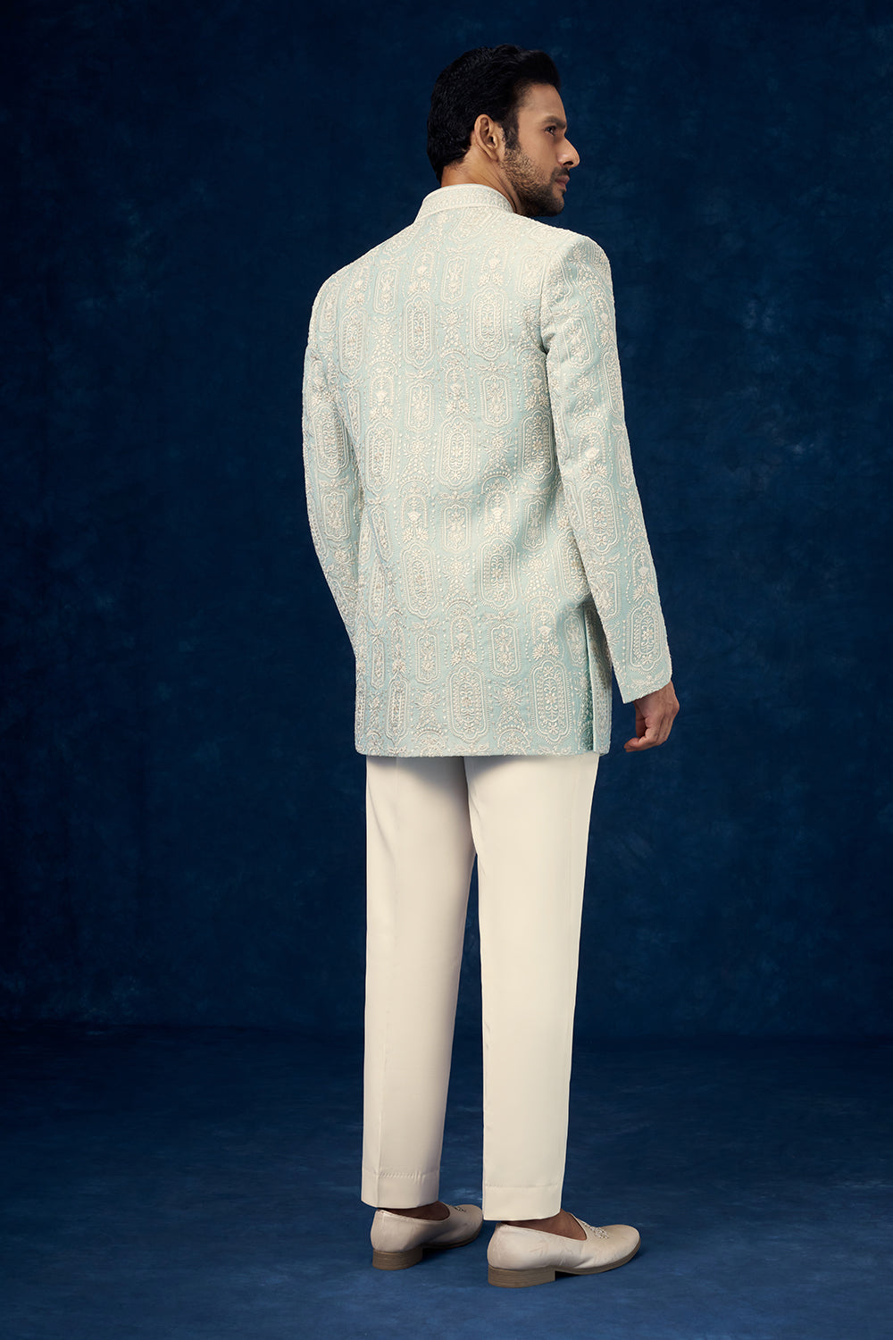 Mint Green Art Silk Mens Indo Western Set with Chikankari Work
