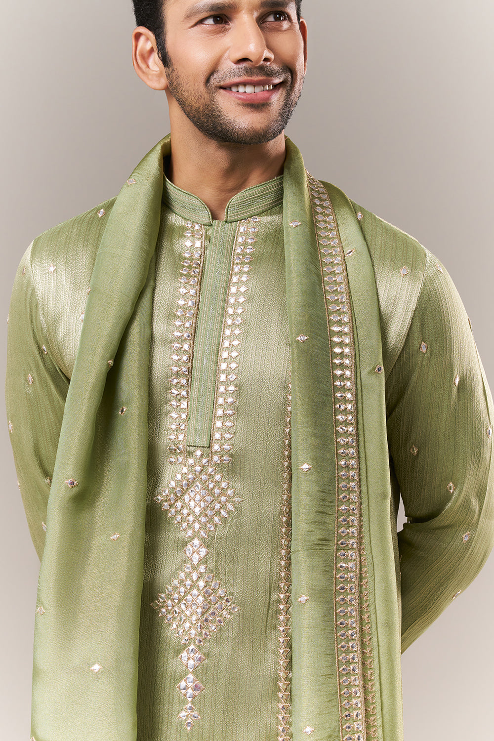 Mint Green Brocade Mens Kurta Set with Mirror Work