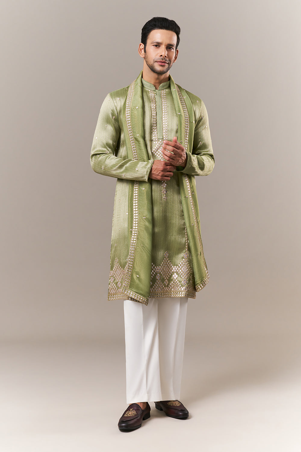 Mint Green Brocade Mens Kurta Set with Mirror Work