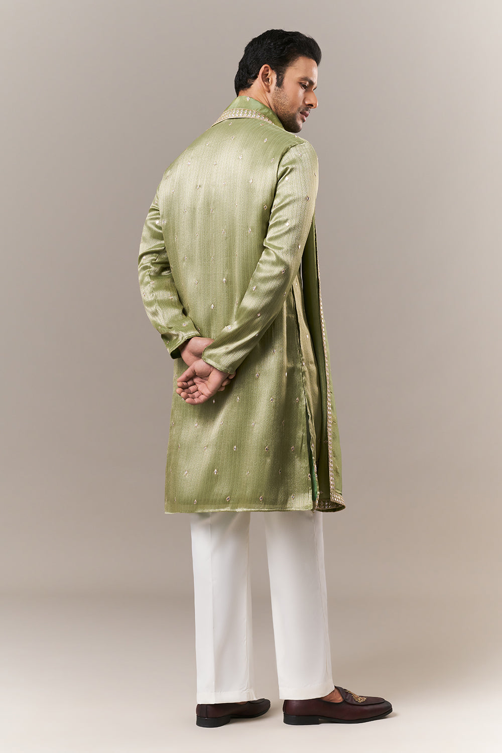 Mint Green Brocade Mens Kurta Set with Mirror Work