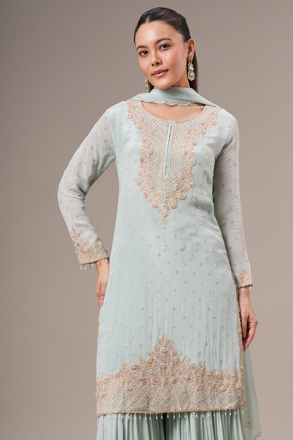 Mint Green Chinon Sharara Suit with Resham and Cutdana Work