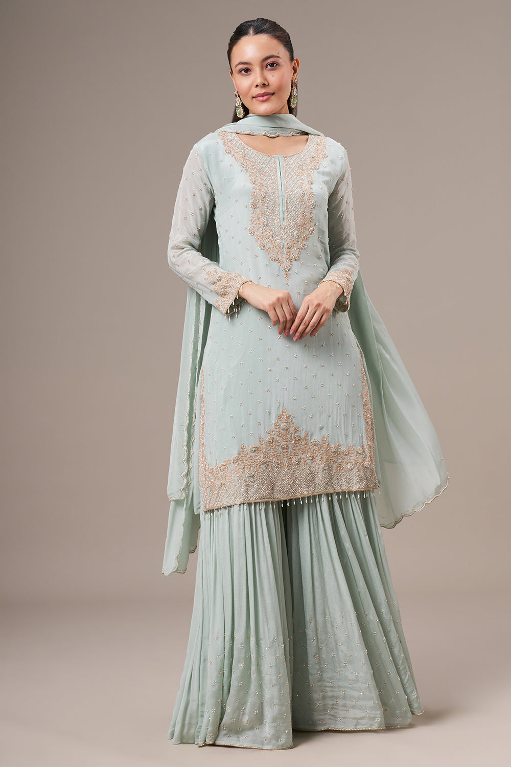Mint Green Chinon Sharara Suit with Resham and Cutdana Work