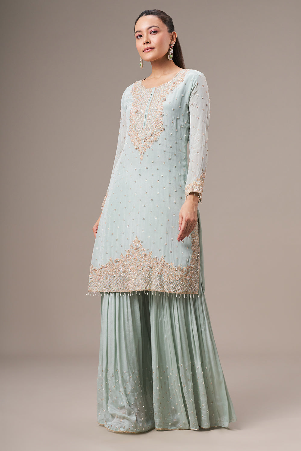 Mint Green Chinon Sharara Suit with Resham and Cutdana Work