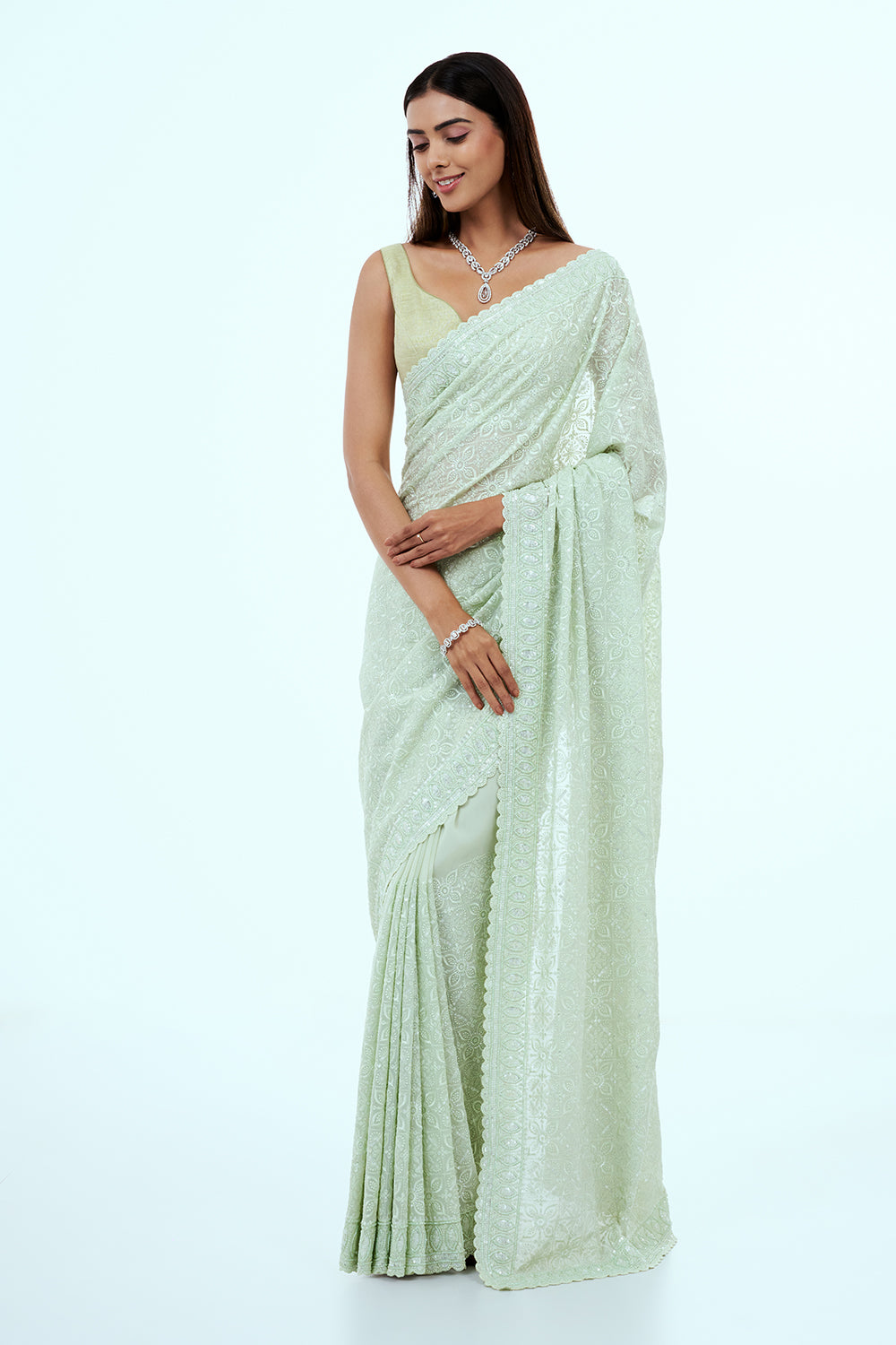 Mint Green Georgette Lucknowi Saree with Bead Work