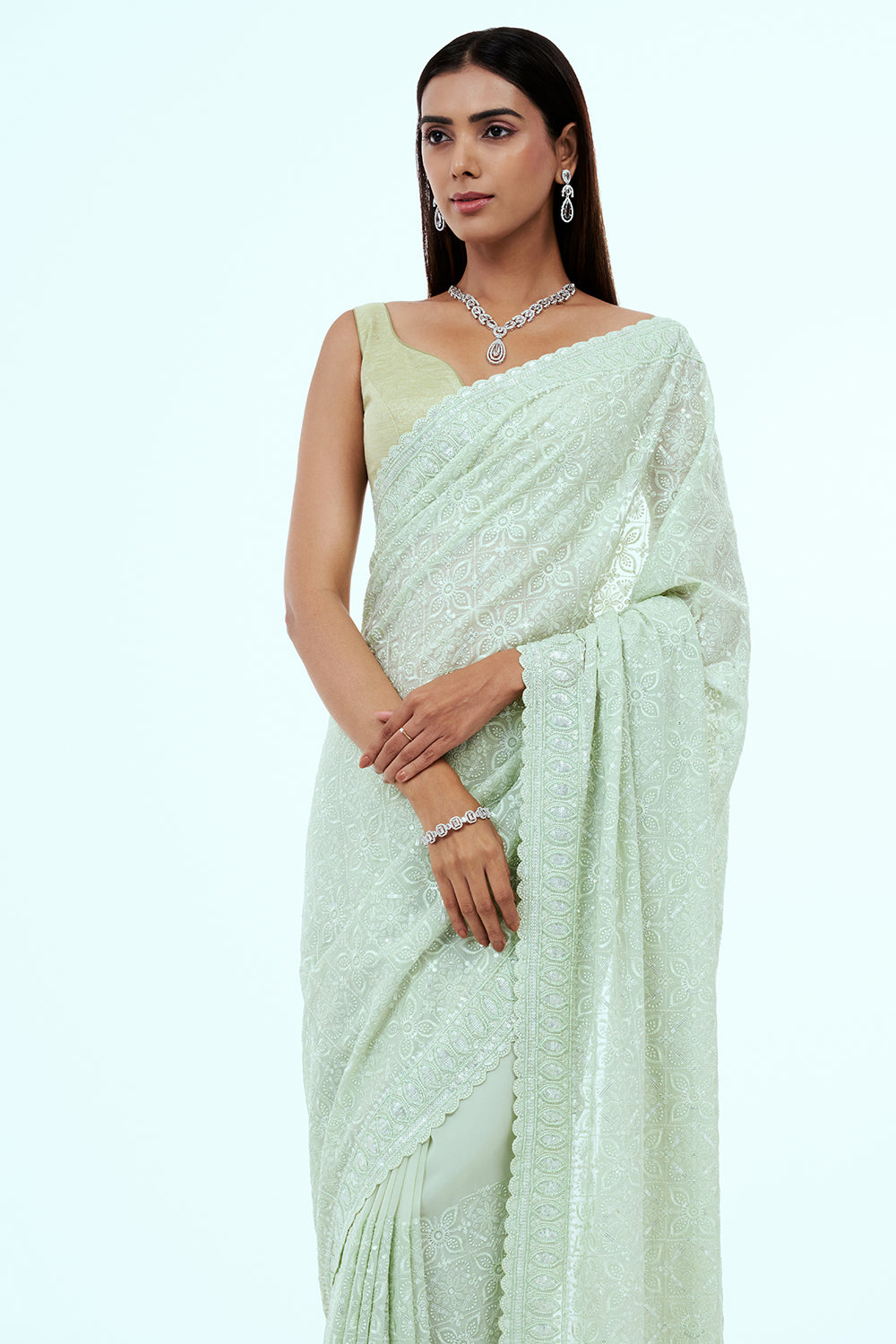 Mint Green Georgette Lucknowi Saree with Bead Work