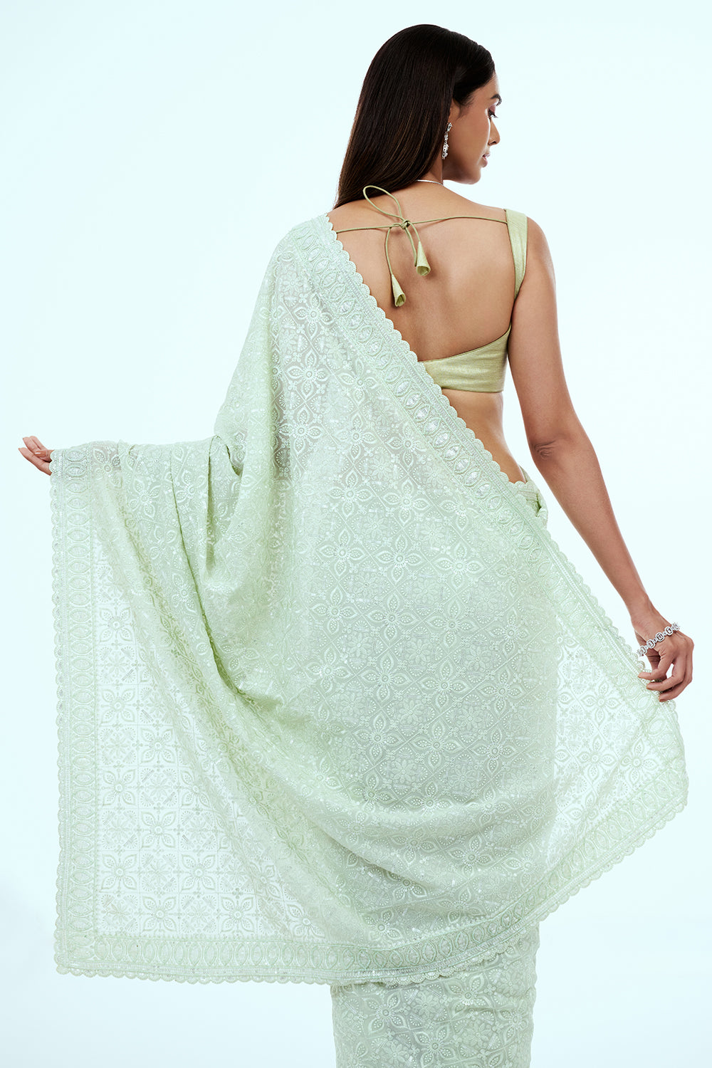 Mint Green Georgette Lucknowi Saree with Bead Work