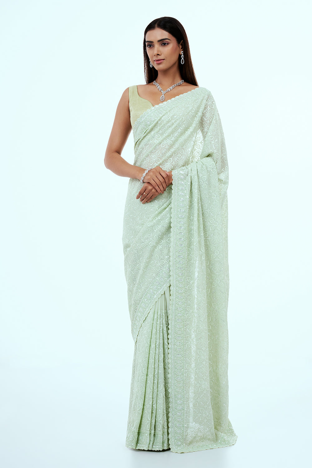 Mint Green Georgette Lucknowi Saree with Bead Work