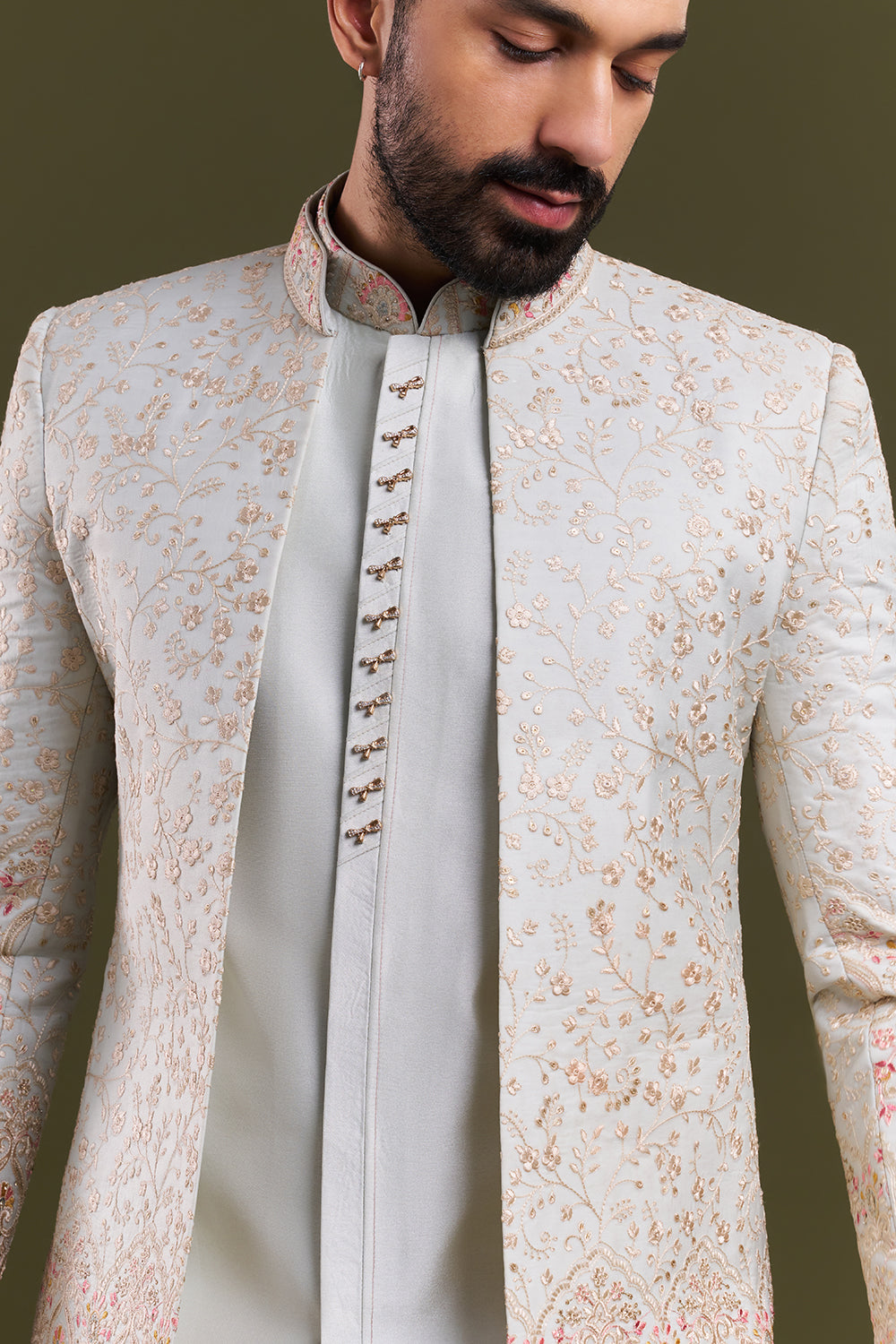 Mint Green Nokia Silk Embellished Men's Indo-Western Wear