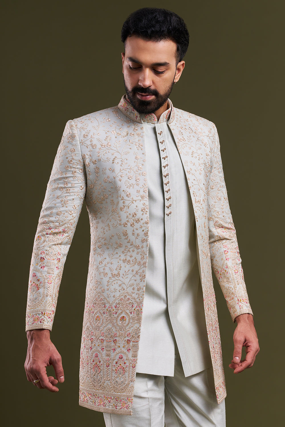 Mint Green Nokia Silk Embellished Men's Indo-Western Wear