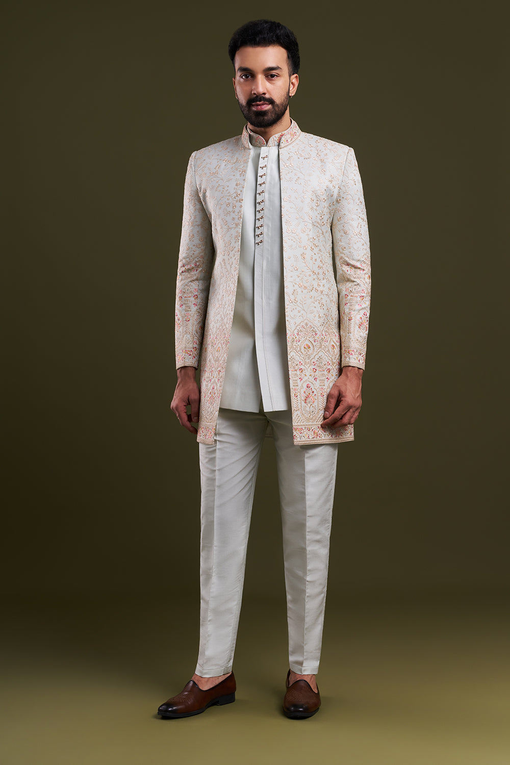 Mint Green Nokia Silk Embellished Men's Indo-Western Wear