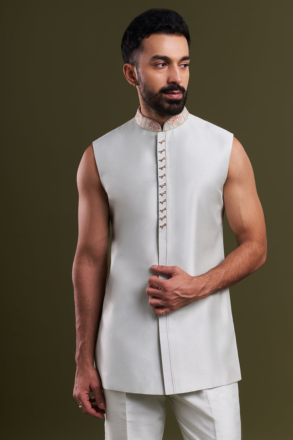 Mint Green Nokia Silk Embellished Men's Indo-Western Wear