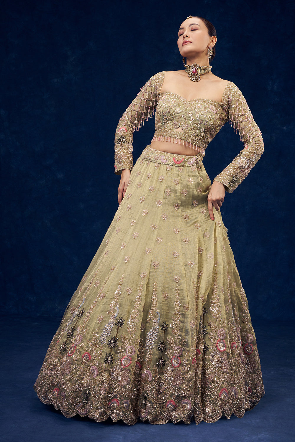 Mint Green Organza Lehenga with Cutdana and Pearl Hand Work