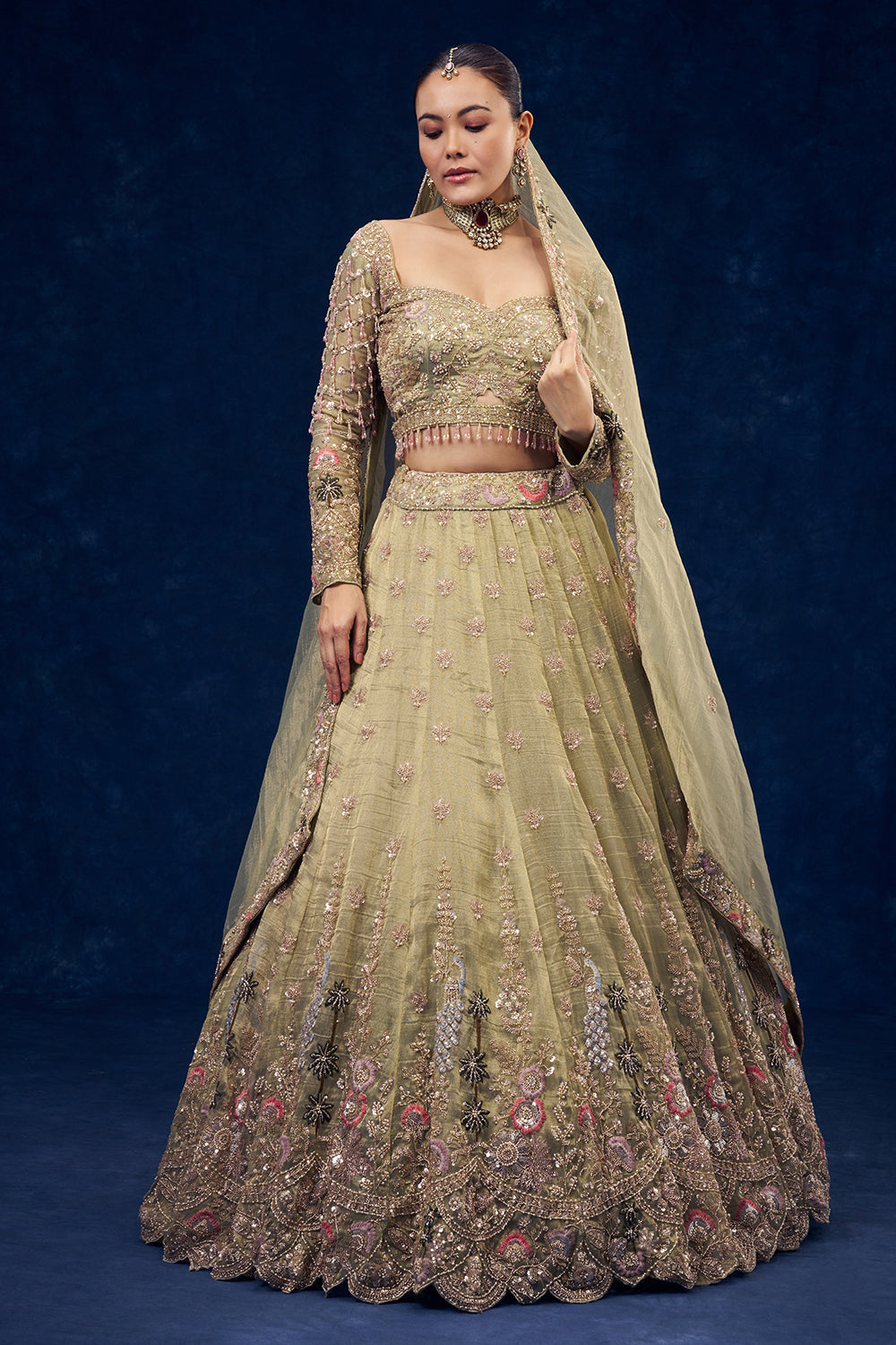 Mint Green Organza Lehenga with Cutdana and Pearl Hand Work