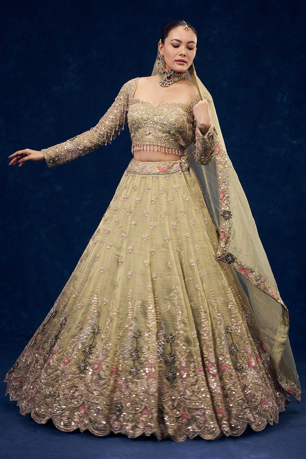 Mint Green Organza Lehenga with Cutdana and Pearl Hand Work