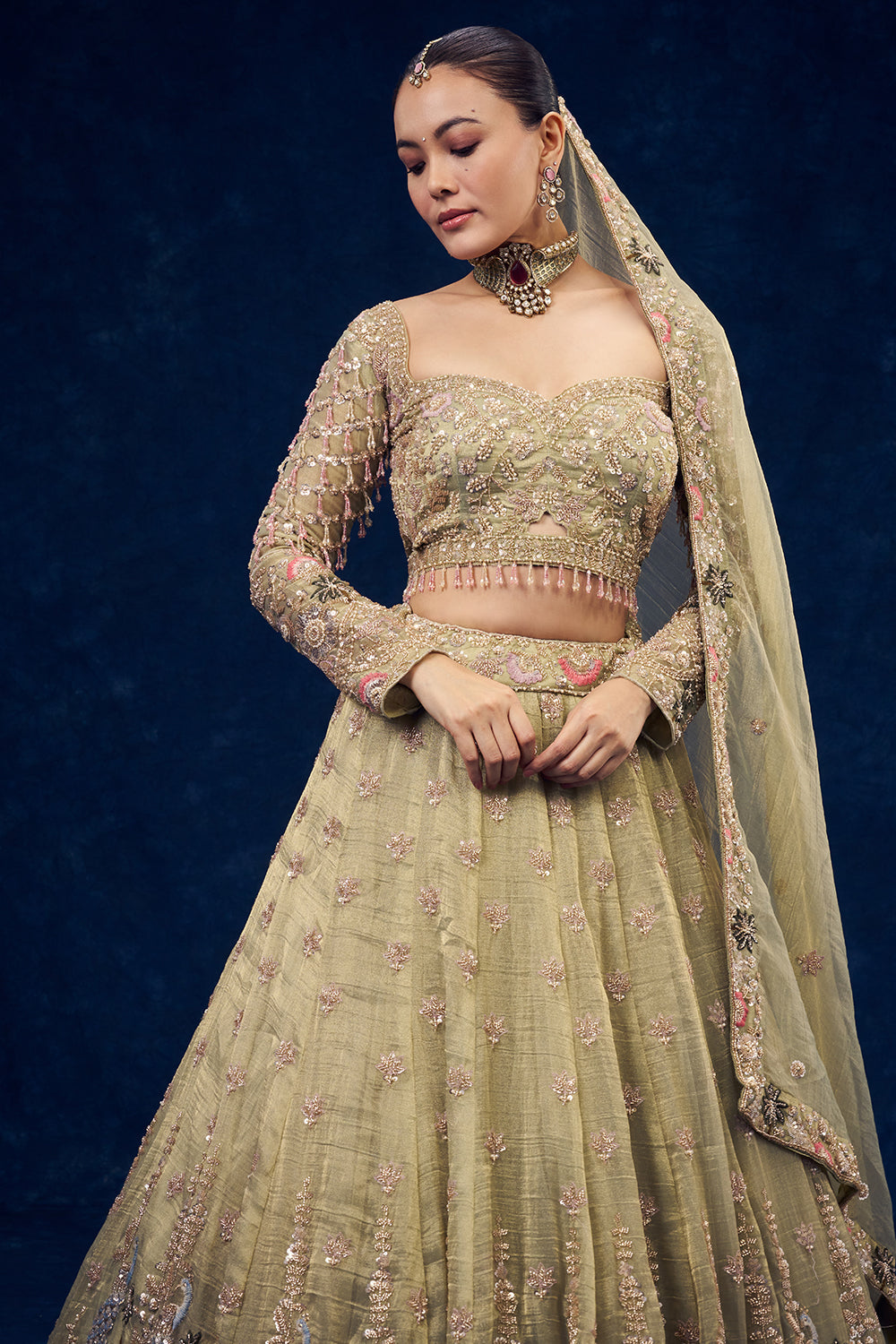 Mint Green Organza Lehenga with Cutdana and Pearl Hand Work