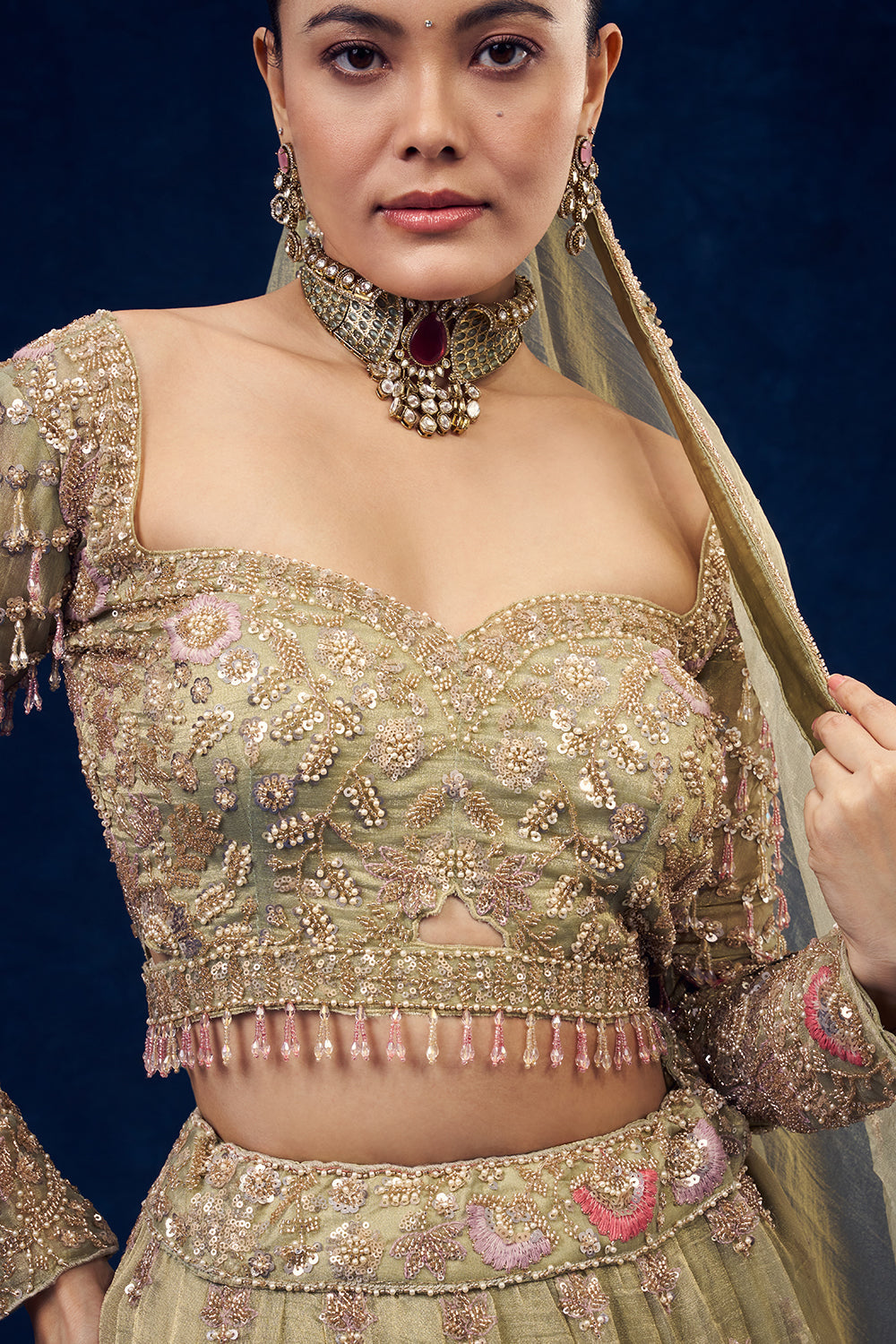 Mint Green Organza Lehenga with Cutdana and Pearl Hand Work