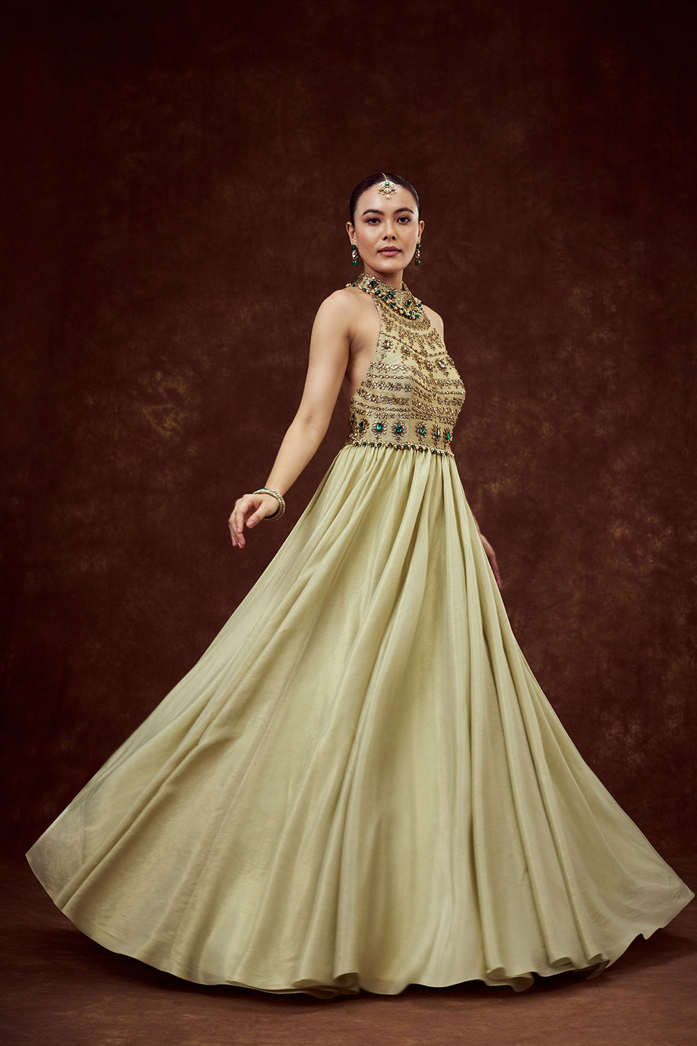 Mint Green Shimmer Tissue Gown with Rhinestone Embellishments