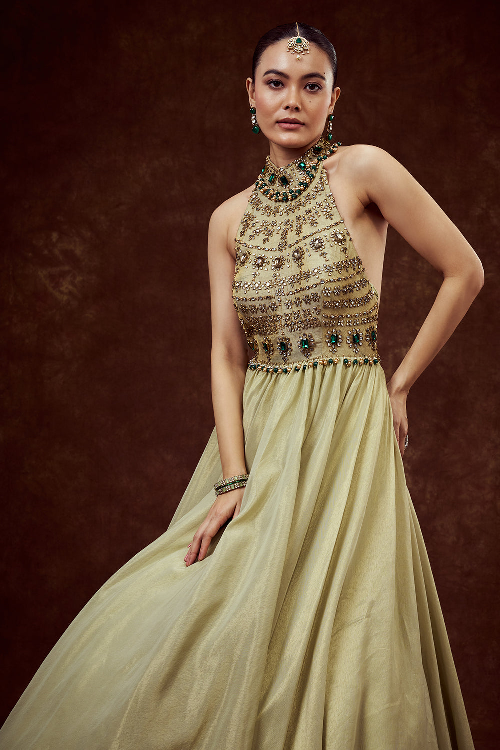 Mint Green Shimmer Tissue Gown with Rhinestone Embellishments