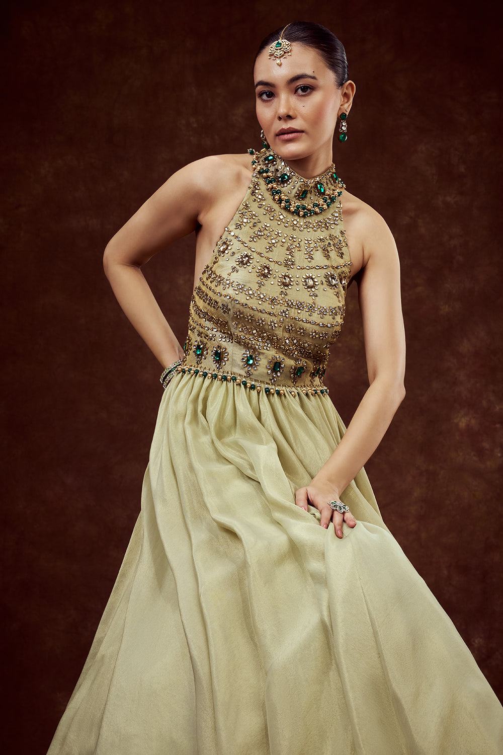 Mint Green Shimmer Tissue Gown with Rhinestone Embellishments