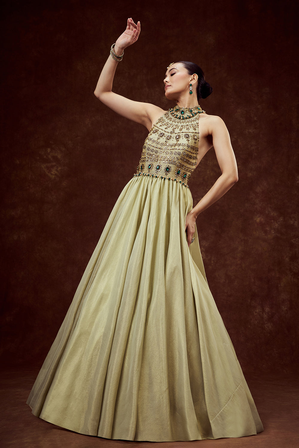 Mint Green Shimmer Tissue Gown with Rhinestone Embellishments
