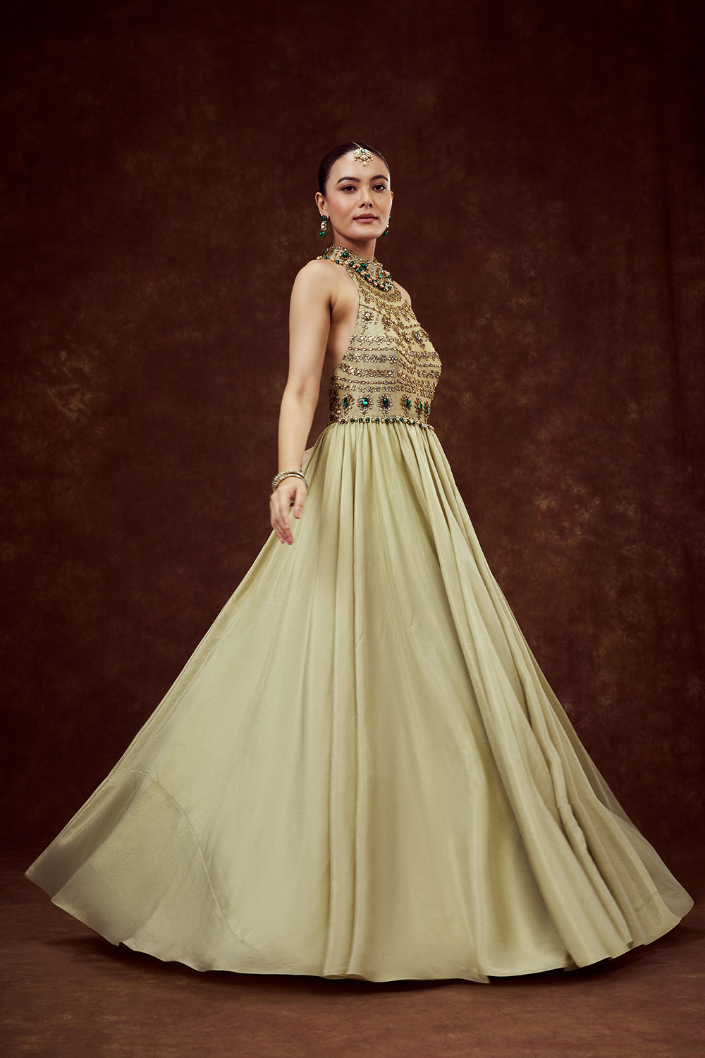 Mint Green Shimmer Tissue Gown with Rhinestone Embellishments