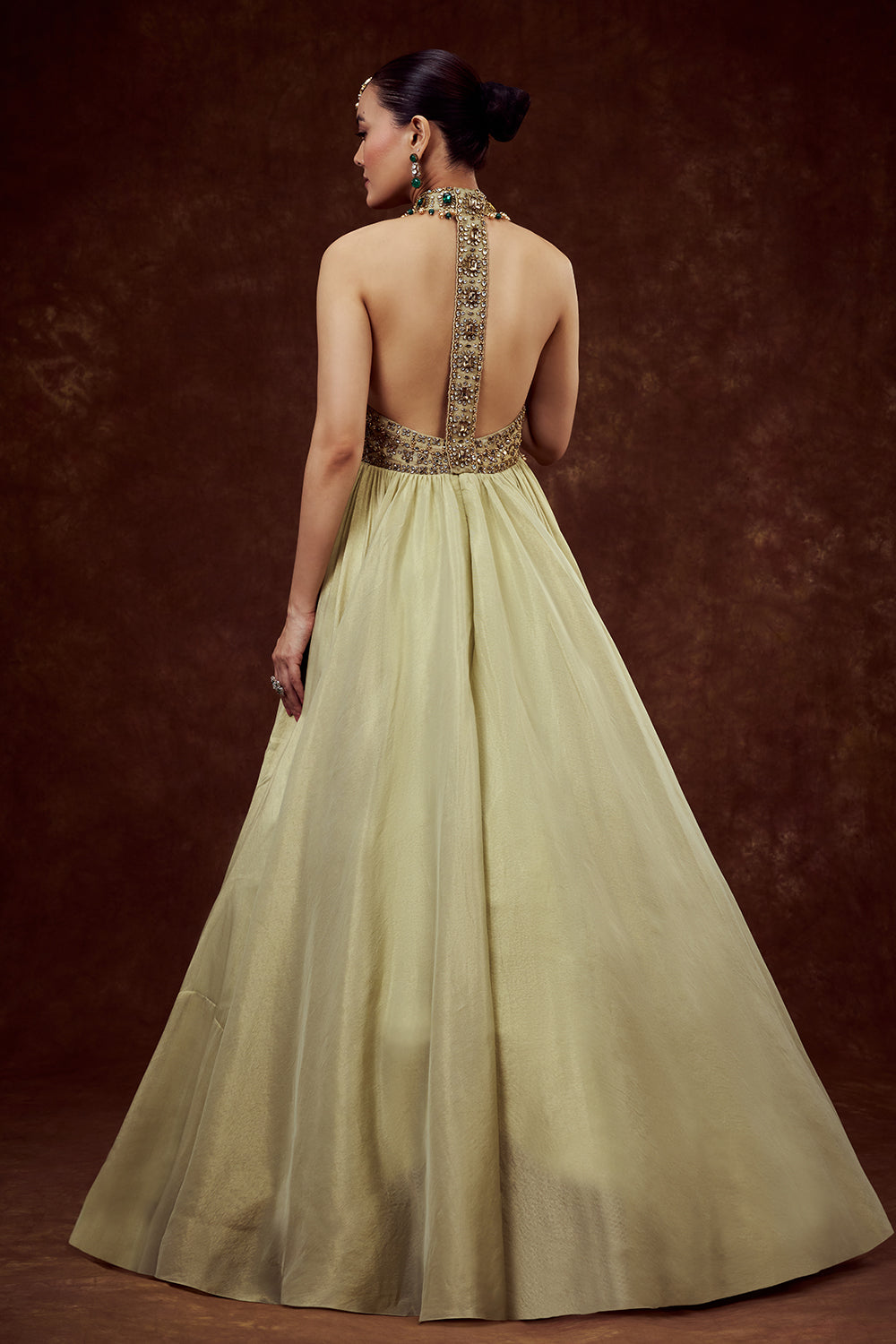 Mint Green Shimmer Tissue Gown with Rhinestone Embellishments