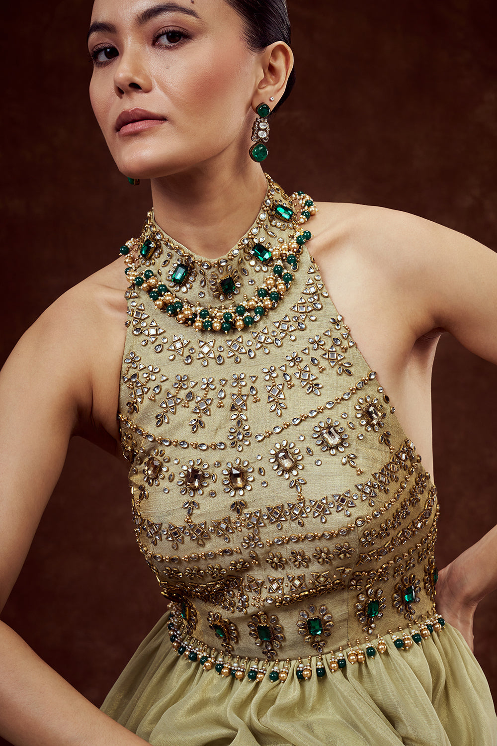 Mint Green Shimmer Tissue Gown with Rhinestone Embellishments
