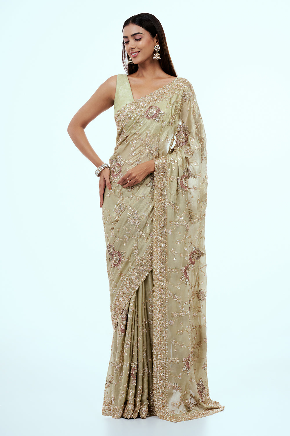 Mint Green Shimmer Tissue Saree with Bead Work