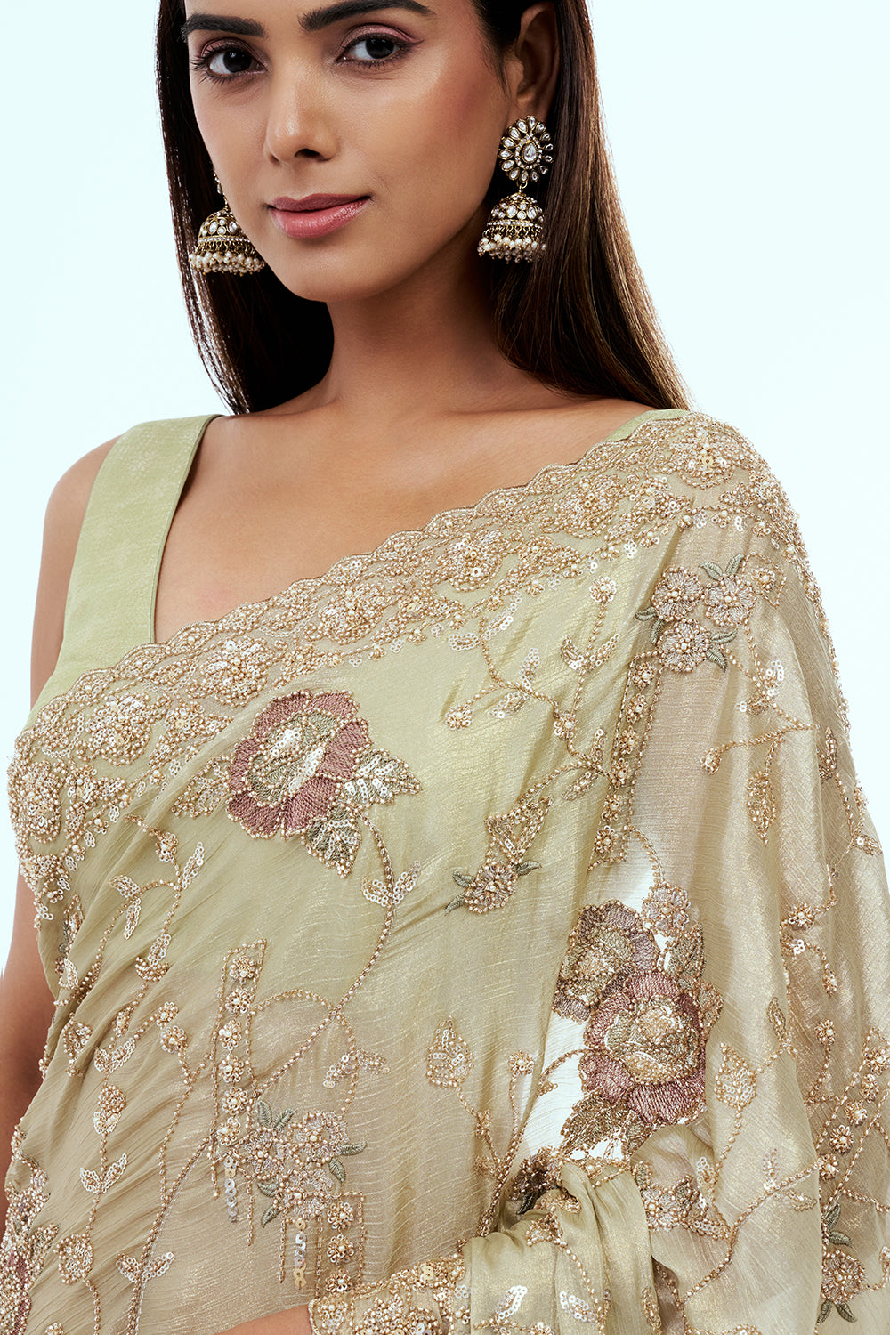 Mint Green Shimmer Tissue Saree with Bead Work