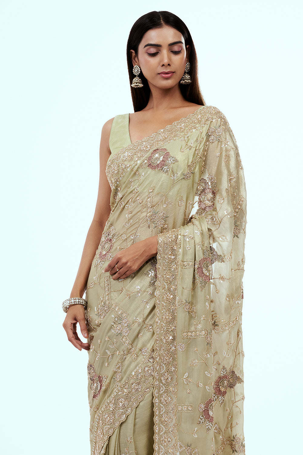 Mint Green Shimmer Tissue Saree with Bead Work