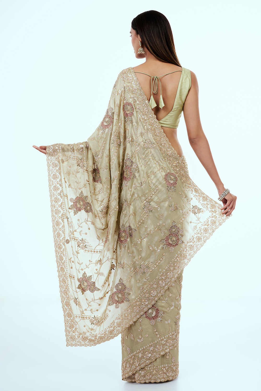 Mint Green Shimmer Tissue Saree with Bead Work