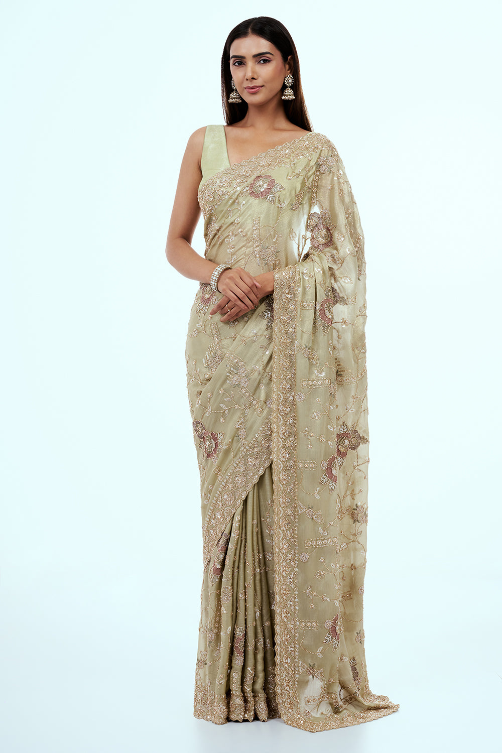 Mint Green Shimmer Tissue Saree with Bead Work